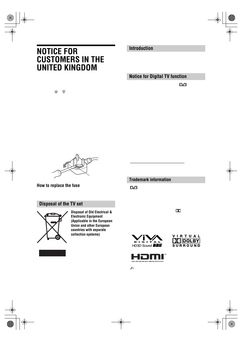 Notice for customers in the united kingdom, Disposal of the tv set, Introduction notice for digital tv function | Sony BRAVIA KDL-32D26xx User Manual | Page 2 / 35