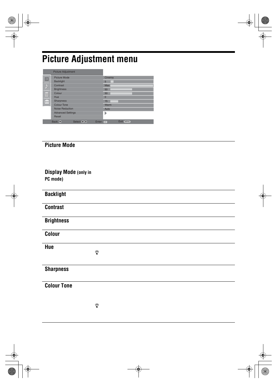 Picture adjustment menu, Picture mode display mode, Backlight | Contrast, Brightness, Colour, Sharpness, Colour tone | Sony BRAVIA KDL-32D26xx User Manual | Page 20 / 35