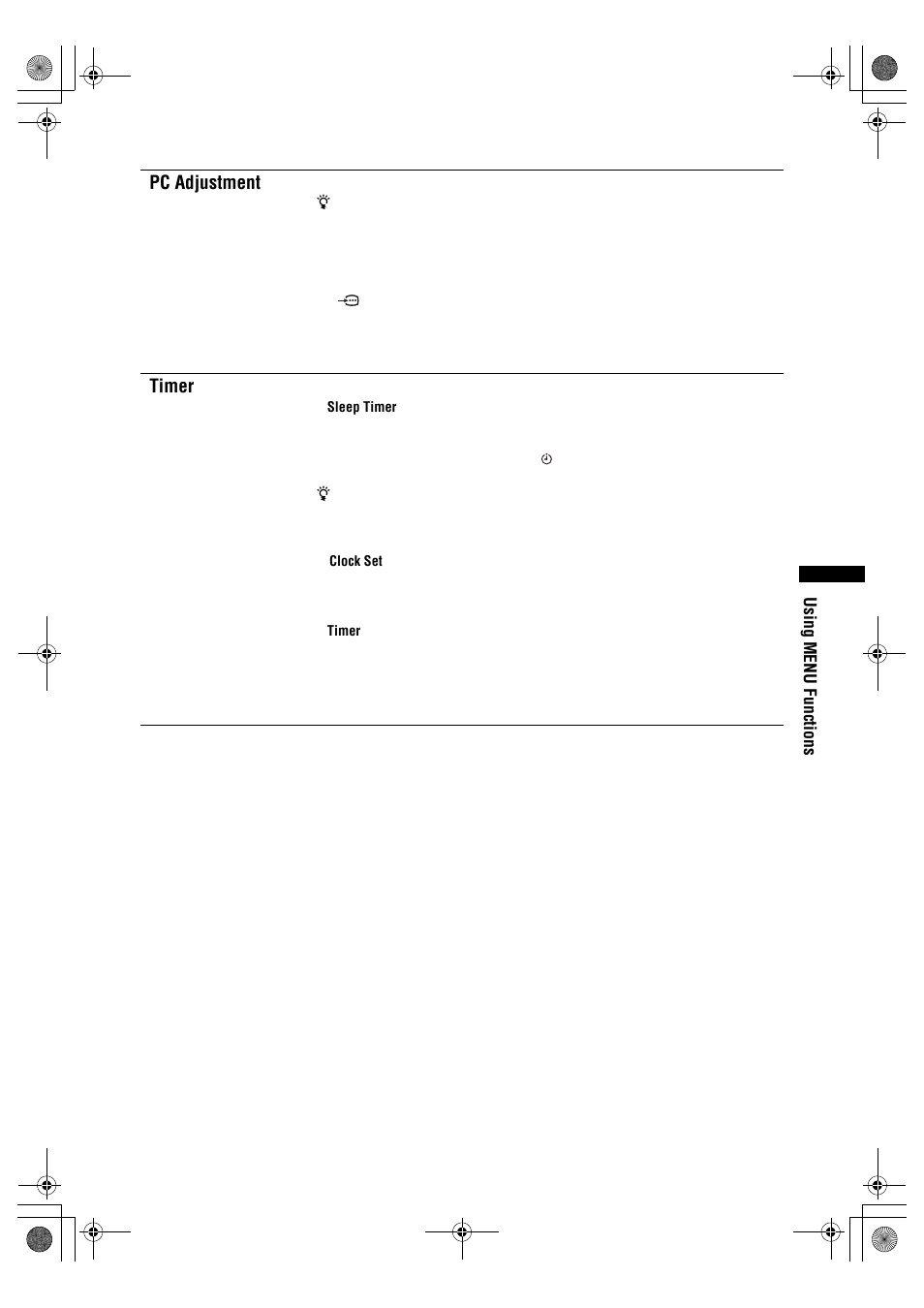 Pc adjustment, Timer | Sony BRAVIA KDL-32D26xx User Manual | Page 25 / 35