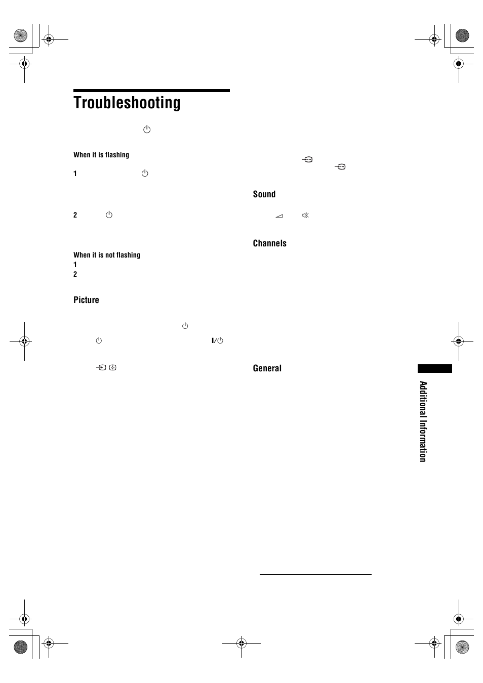 Troubleshooting, Additional information, Picture | Sound, Channels, General | Sony BRAVIA KDL-32D26xx User Manual | Page 33 / 35