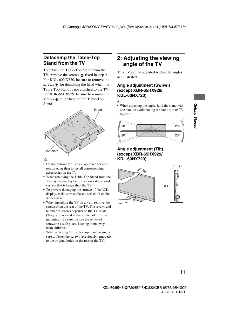 Adjusting the viewing angle of the tv, Detaching the table-top stand from the tv | Sony XBR-65HX929 User Manual | Page 11 / 40