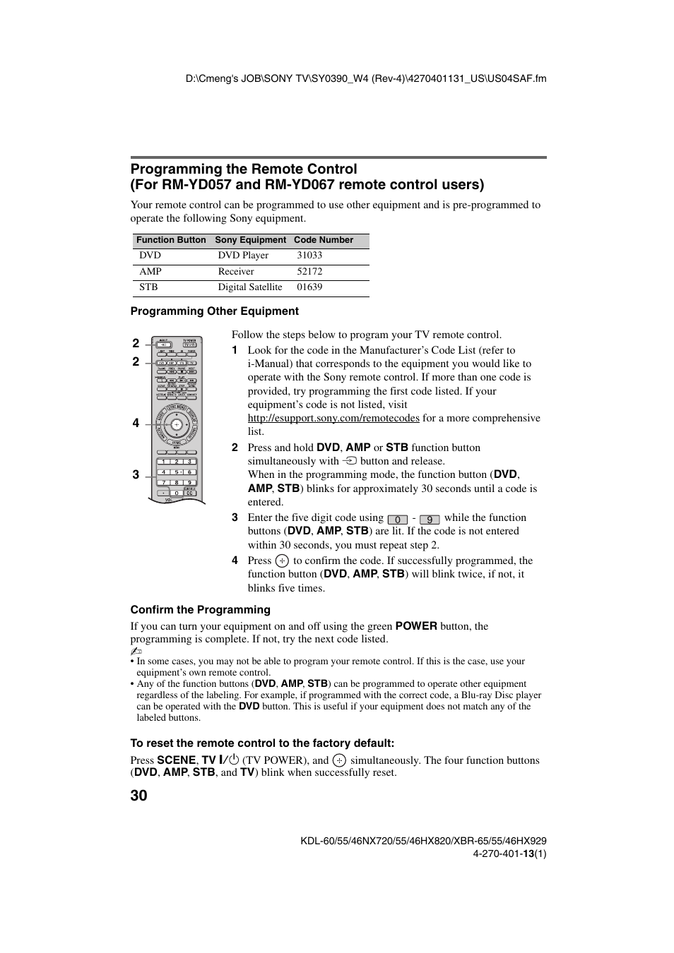 Programming the remote control, For rm-yd057 and rm-yd067 remote control users) | Sony XBR-65HX929 User Manual | Page 30 / 40