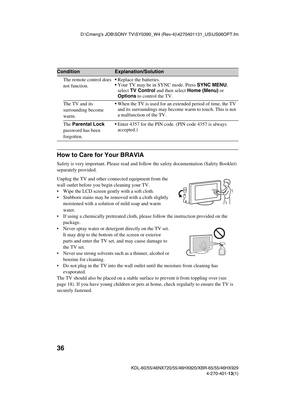 How to care for your bravia | Sony XBR-65HX929 User Manual | Page 36 / 40