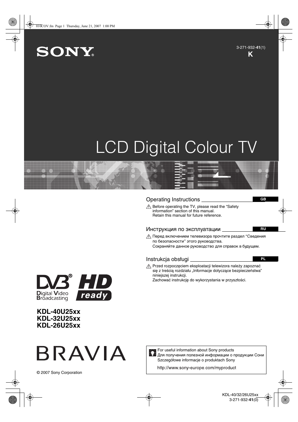 Sony Bravia KDL-26U25xx User Manual | 83 pages