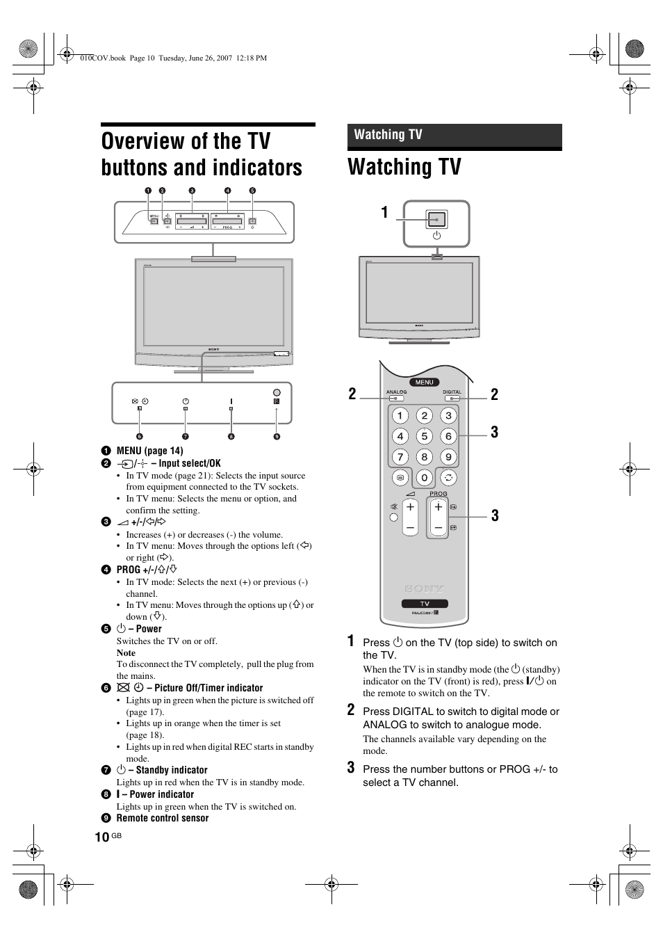 Overview of the tv buttons and indicators, Watching tv | Sony Bravia KDL-26U25xx User Manual | Page 10 / 83