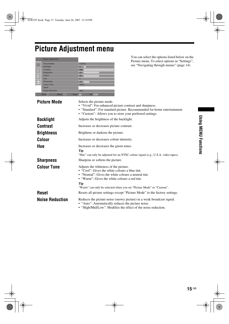 Picture adjustment menu, Picture mode, Backlight | Contrast, Brightness, Colour, Sharpness, Colour tone, Reset, Noise reduction | Sony Bravia KDL-26U25xx User Manual | Page 15 / 83