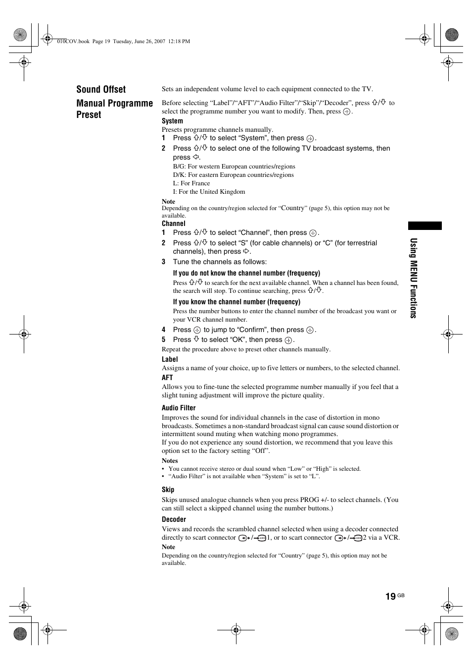 Sound offset, Manual programme preset | Sony Bravia KDL-26U25xx User Manual | Page 19 / 83