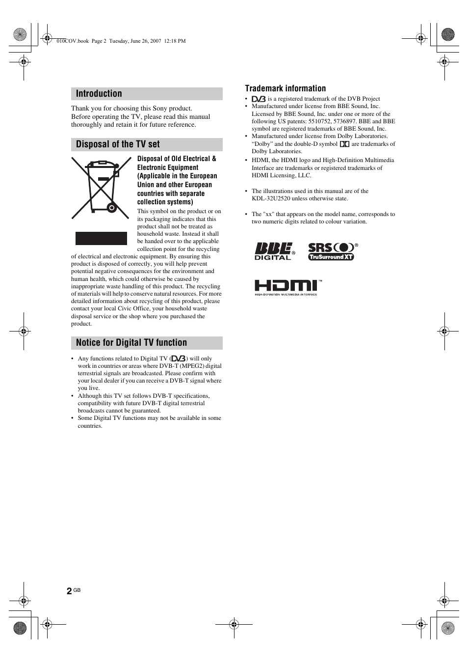 Trademark information | Sony Bravia KDL-26U25xx User Manual | Page 2 / 83