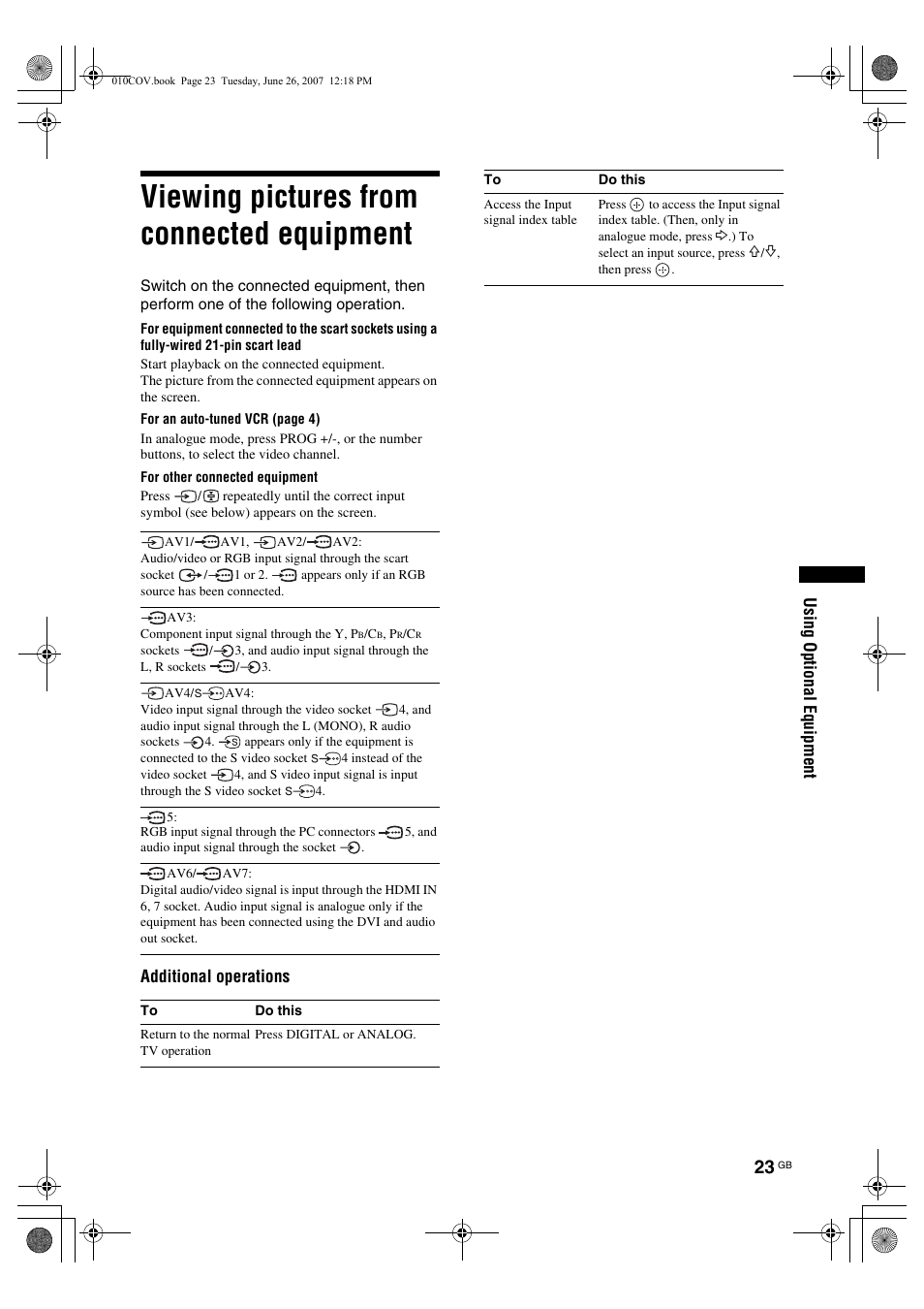 Viewing pictures from connected equipment, Using optional equipment, Additional operations | Sony Bravia KDL-26U25xx User Manual | Page 23 / 83