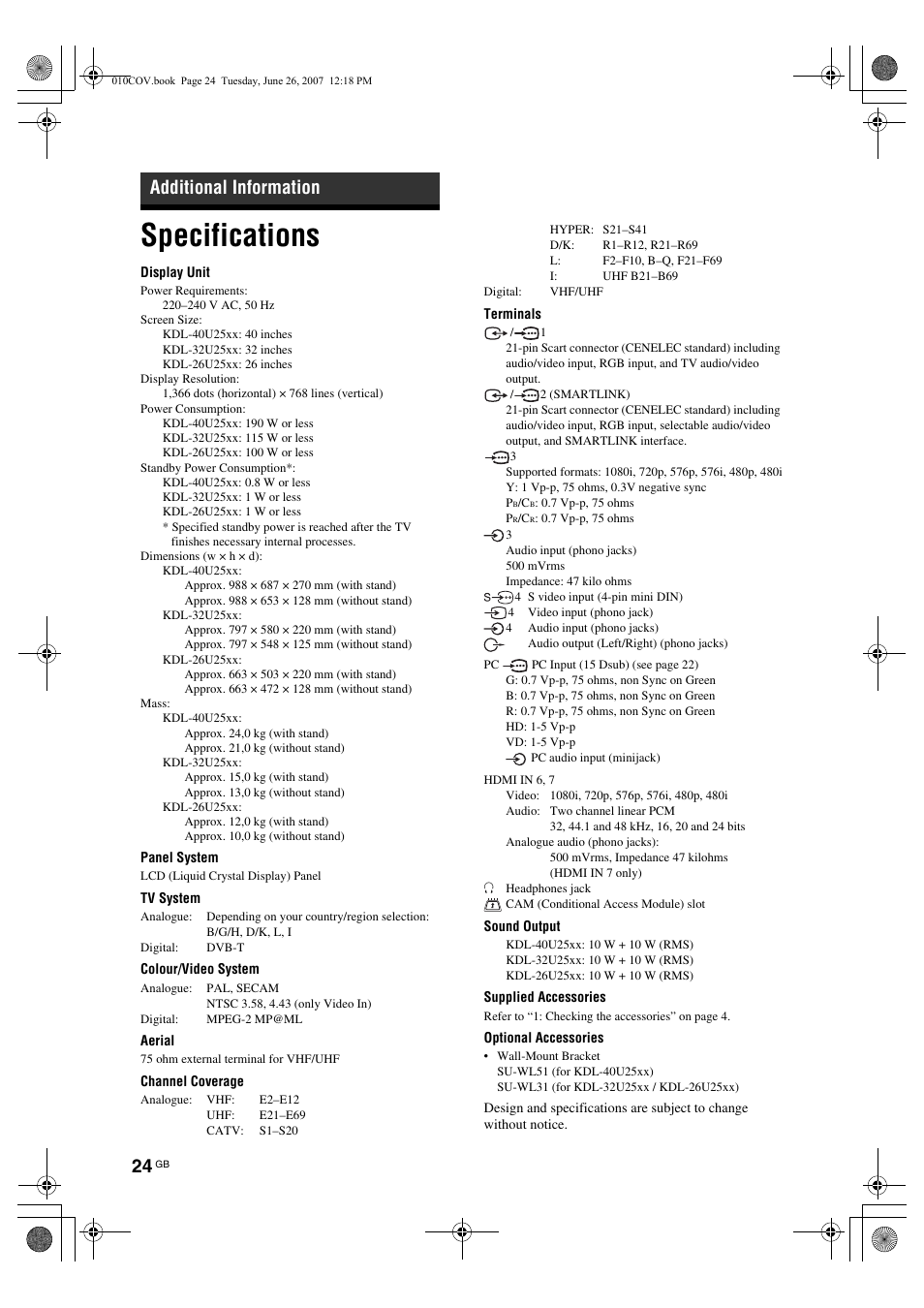 Specifications, Additional information | Sony Bravia KDL-26U25xx User Manual | Page 24 / 83