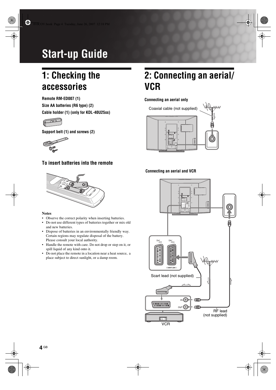 Start-up guide, Checking the accessories, Connecting an aerial/ vcr | Sony Bravia KDL-26U25xx User Manual | Page 4 / 83