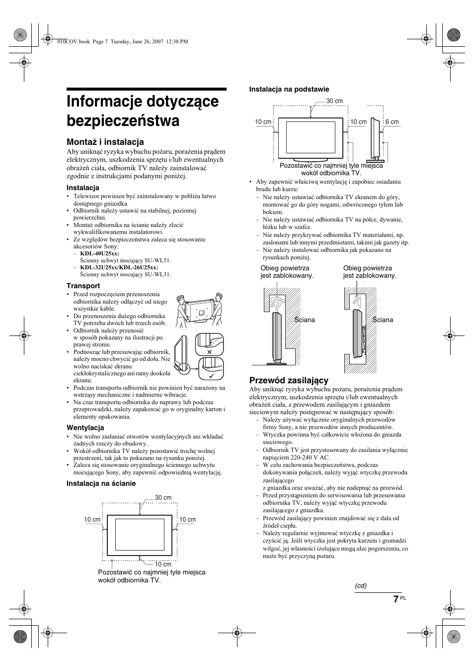 Informacje dotyczące bezpieczeństwa, Montaż i instalacja, Przewód zasilający | Sony Bravia KDL-26U25xx User Manual | Page 61 / 83