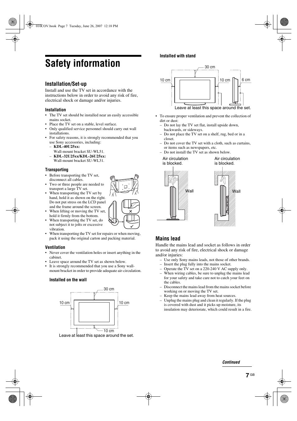 Safety information, Installation/set-up, Mains lead | Sony Bravia KDL-26U25xx User Manual | Page 7 / 83