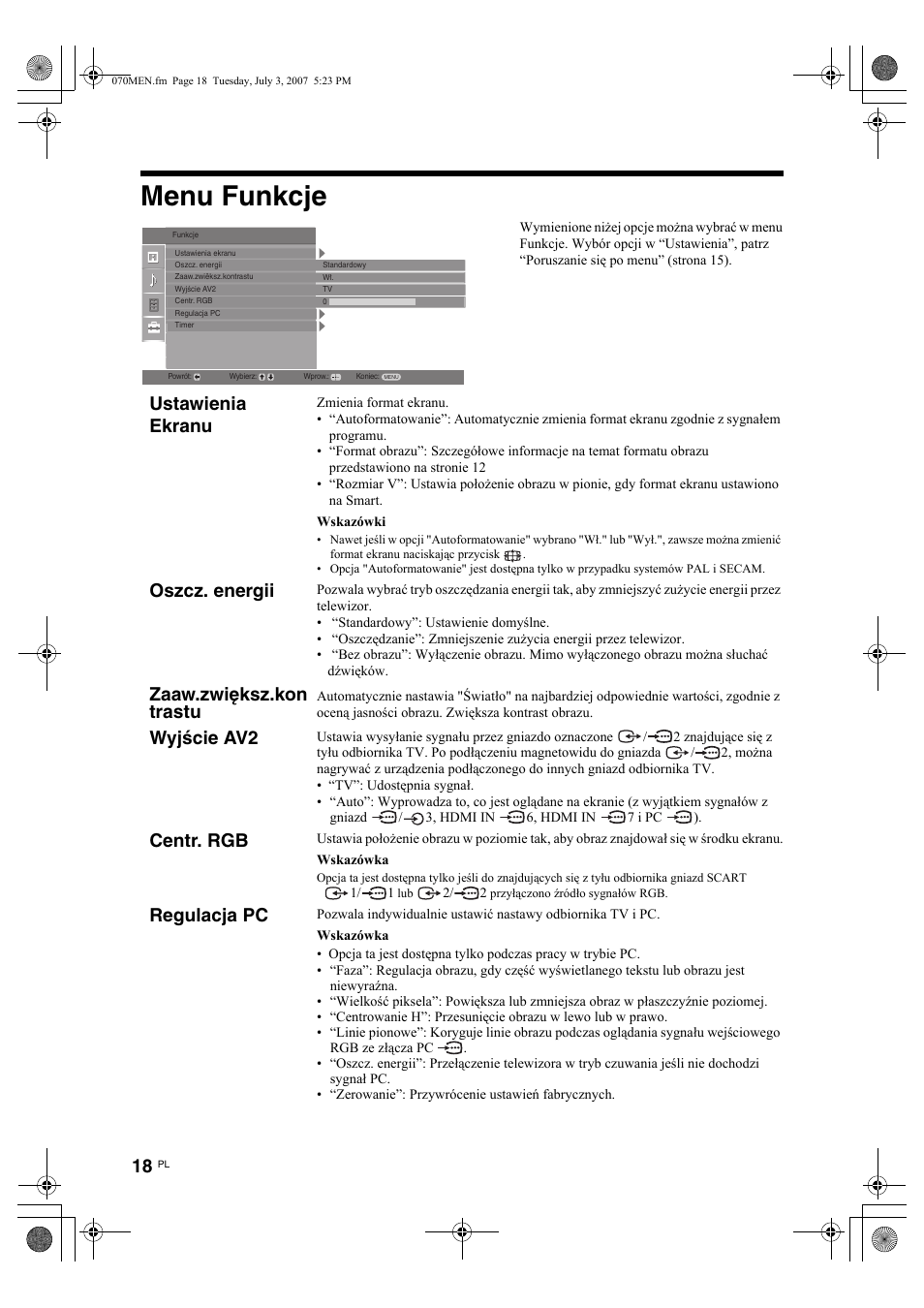 Menu funkcje, Ustawienia ekranu, Oszcz. energii | Zaaw.zwiększ.kon trastu, Wyjście av2, Centr. rgb, Regulacja pc | Sony Bravia KDL-26U25xx User Manual | Page 72 / 83