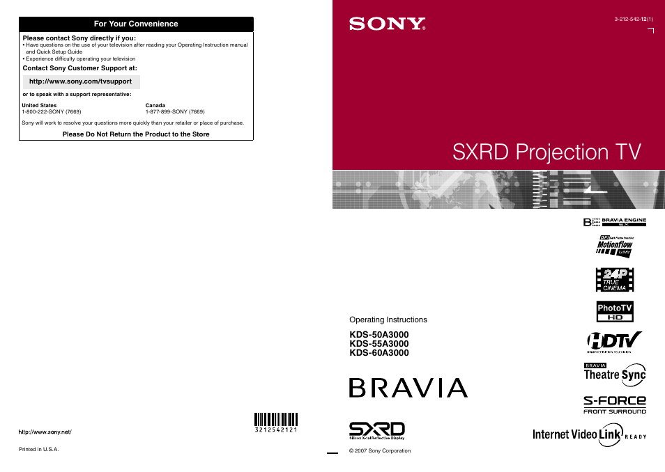 Sony Bravia KDS-55A3000 User Manual | 51 pages