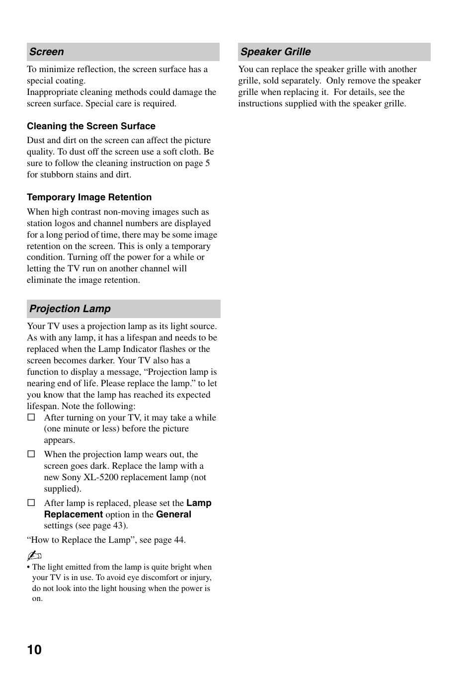 Screen, Projection lamp, Speaker grille | Screen projection lamp speaker grille | Sony Bravia KDS-55A3000 User Manual | Page 10 / 51