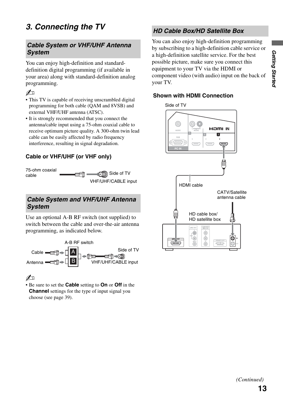 Connecting the tv, Cable system or vhf/uhf antenna system, Cable system and vhf/uhf antenna system | Hd cable box/hd satellite box, Cable system or vhf/uhf antenna, System, Cable system and vhf/uhf antenna | Sony Bravia KDS-55A3000 User Manual | Page 13 / 51