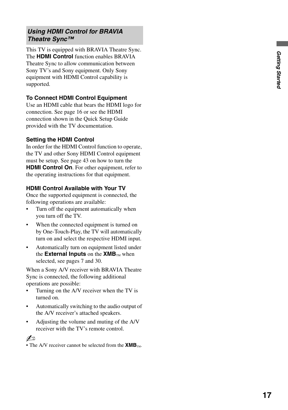 Using hdmi control for bravia theatre sync, Using hdmi control for bravia theatre, Sync | Sony Bravia KDS-55A3000 User Manual | Page 17 / 51