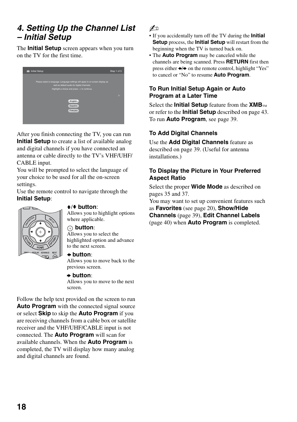 Setting up the channel list - initial setup, Setting up the channel list, Initial setup | 18 4. setting up the channel list – initial setup | Sony Bravia KDS-55A3000 User Manual | Page 18 / 51