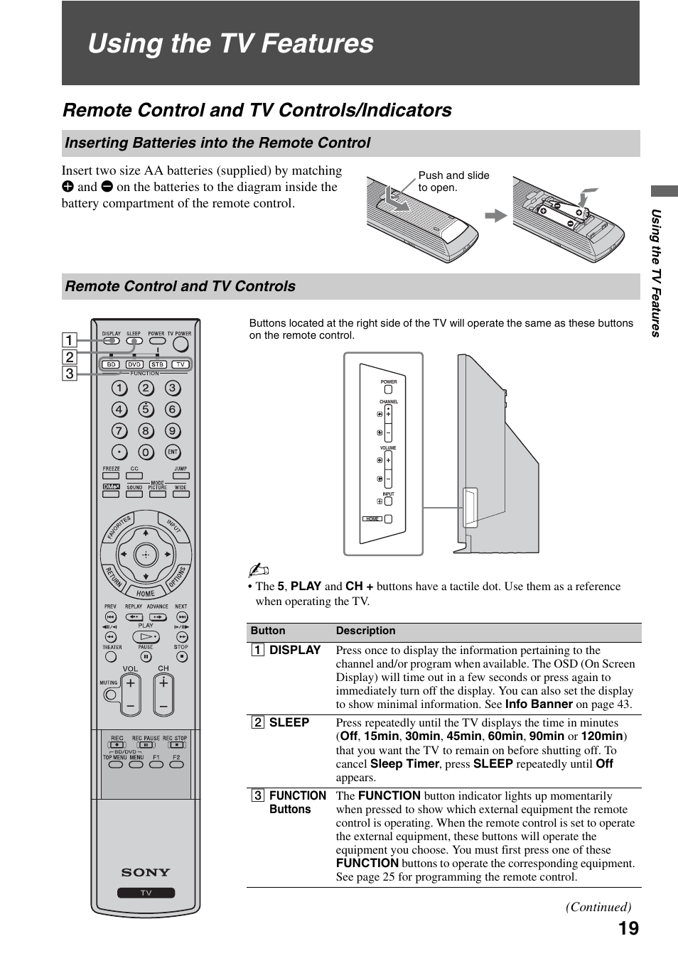 Using the tv features, Remote control and tv controls/indicators, Inserting batteries into the remote control | Remote control and tv controls, Indicators, Inserting batteries into the remote, Control | Sony Bravia KDS-55A3000 User Manual | Page 19 / 51