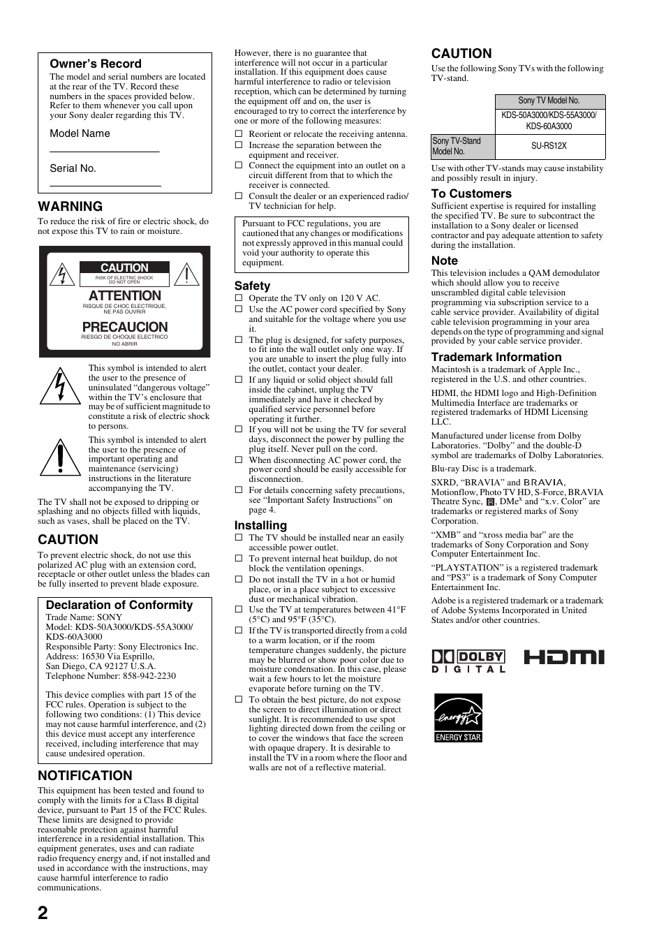 Warning, Caution, Notification | Attention, Precaucion, Safety, Installing, Trademark information, Owner’s record, Declaration of conformity | Sony Bravia KDS-55A3000 User Manual | Page 2 / 51