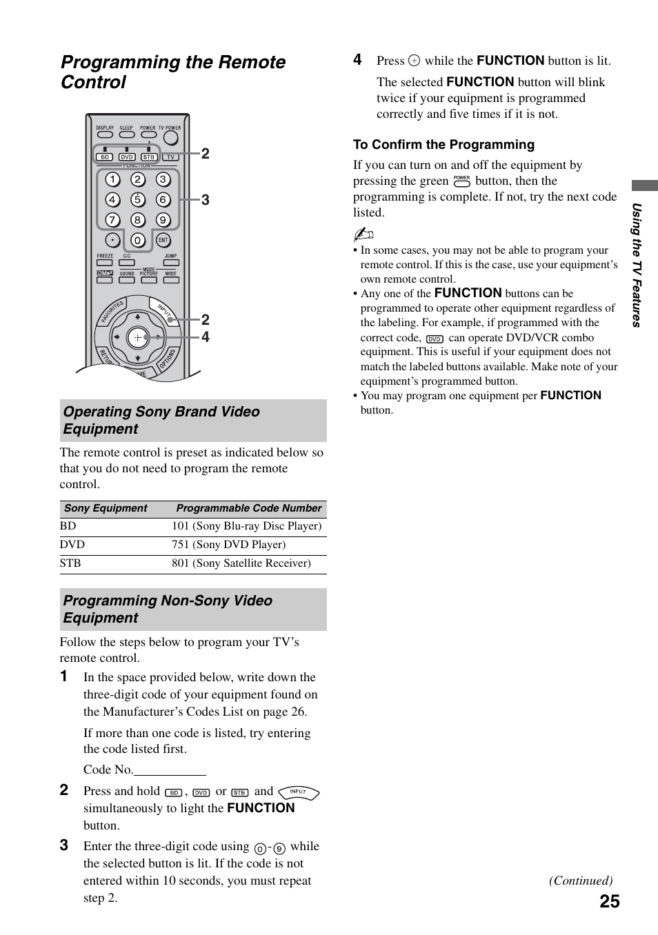 Programming the remote control, Operating sony brand video equipment, Programming non-sony video equipment | Equipment | Sony Bravia KDS-55A3000 User Manual | Page 25 / 51