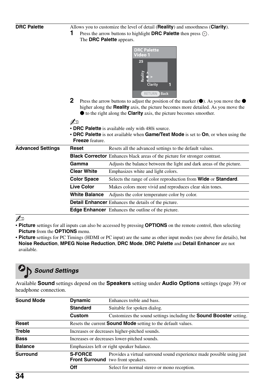 Sound settings | Sony Bravia KDS-55A3000 User Manual | Page 34 / 51