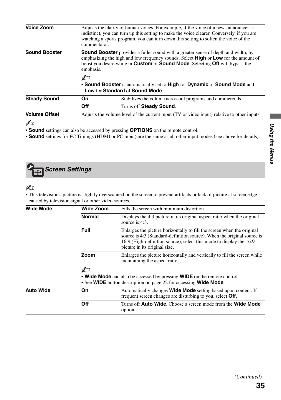 Screen settings | Sony Bravia KDS-55A3000 User Manual | Page 35 / 51