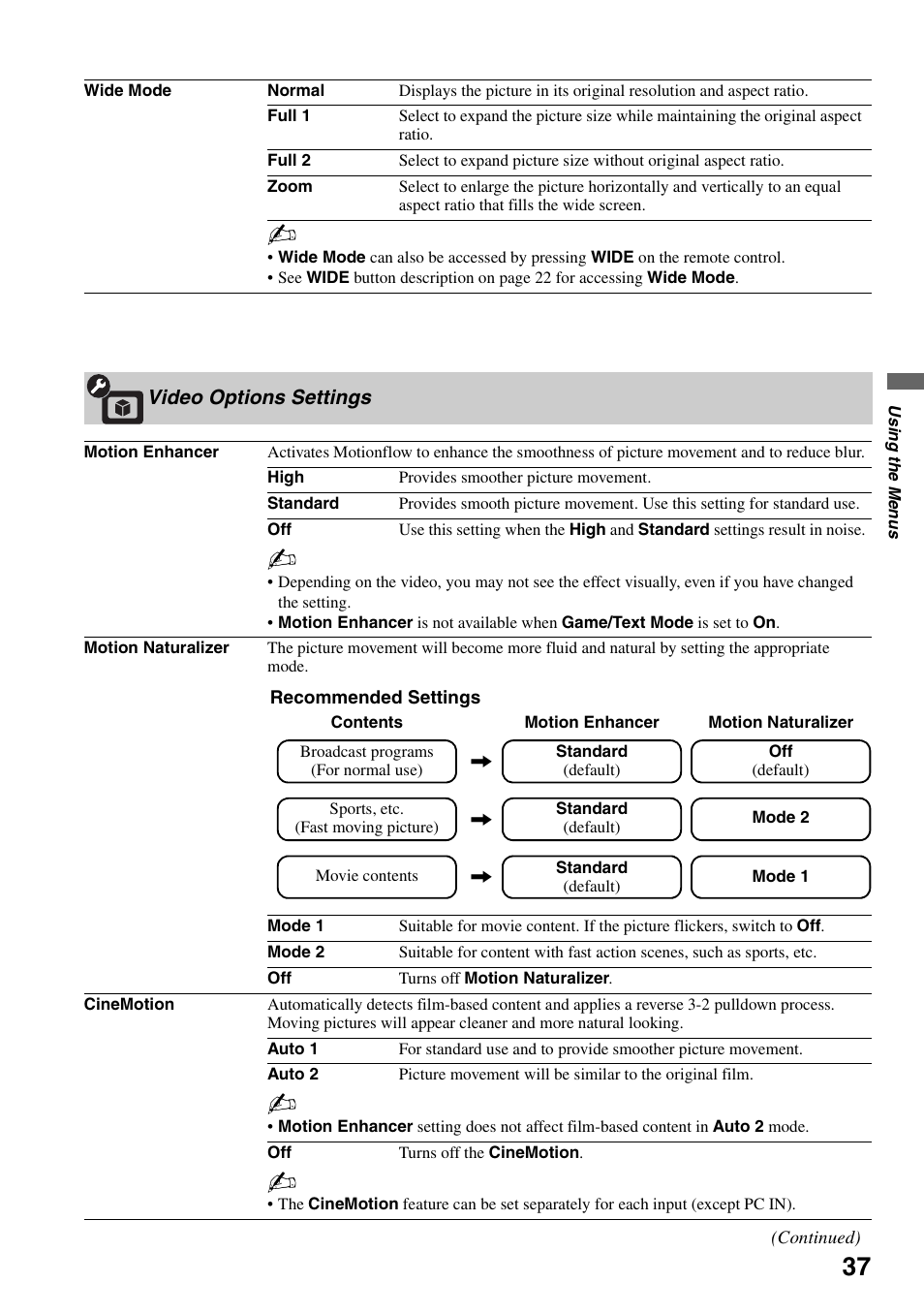 Video options settings, Nd 37 | Sony Bravia KDS-55A3000 User Manual | Page 37 / 51