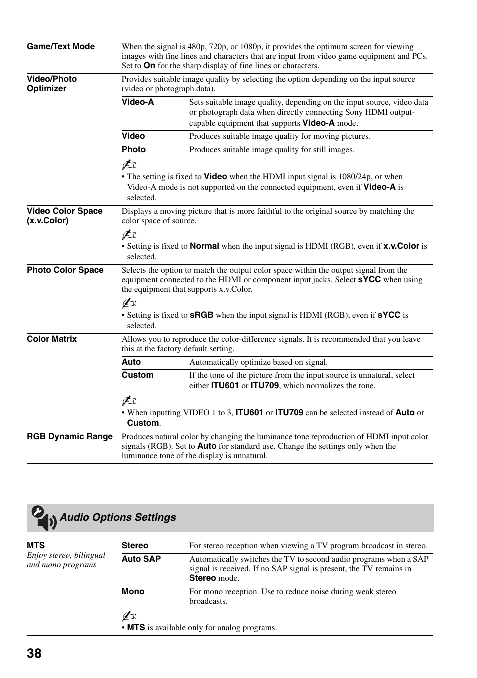 Audio options settings | Sony Bravia KDS-55A3000 User Manual | Page 38 / 51