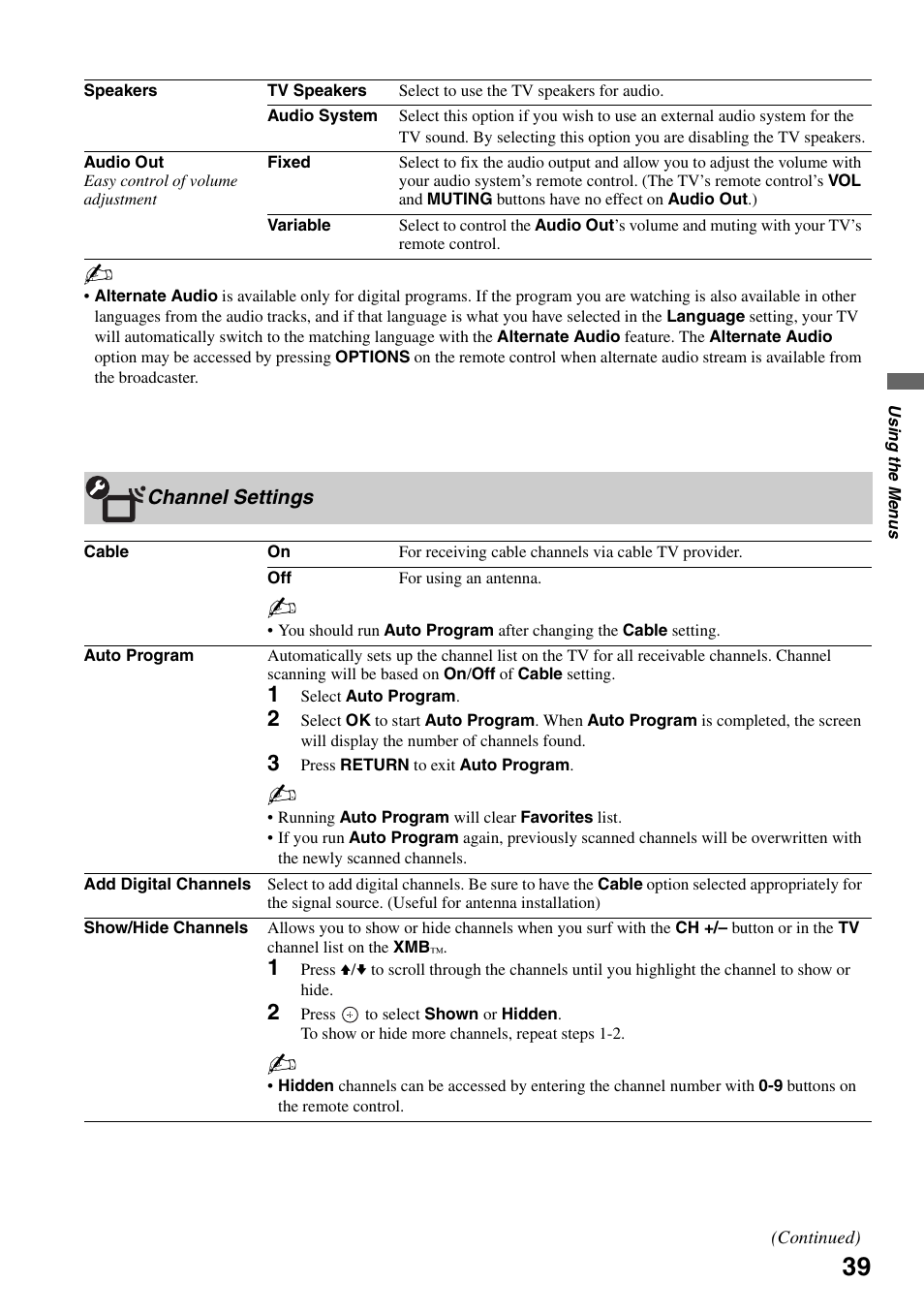 Channel settings | Sony Bravia KDS-55A3000 User Manual | Page 39 / 51