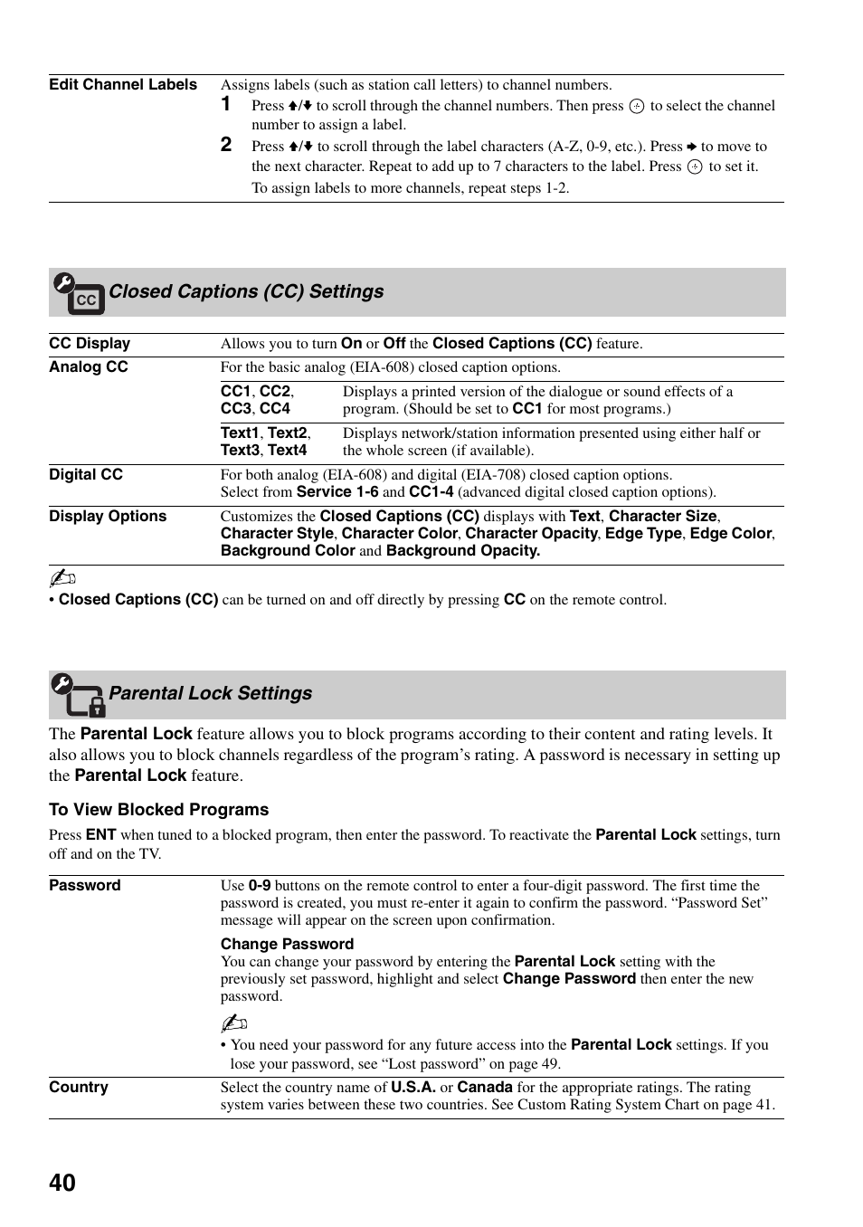 Closed captions (cc) settings, Parental lock settings | Sony Bravia KDS-55A3000 User Manual | Page 40 / 51