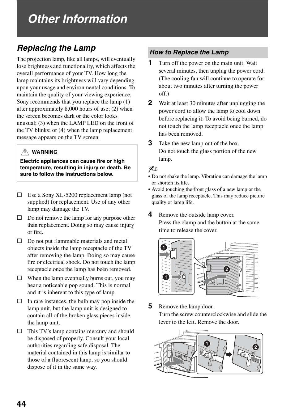 Other information, Replacing the lamp, How to replace the lamp | Sony Bravia KDS-55A3000 User Manual | Page 44 / 51