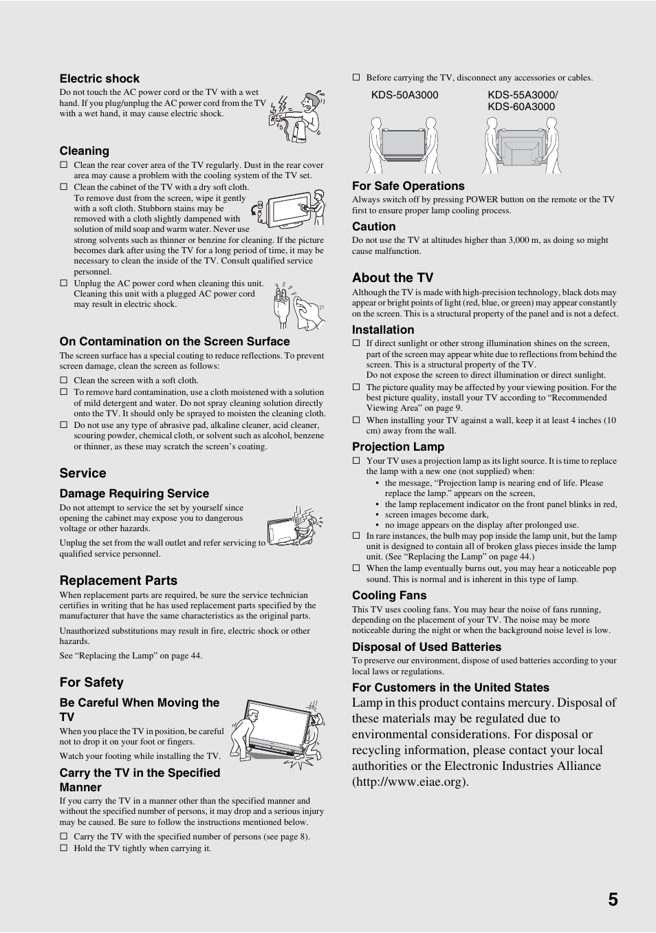 Service, Replacement parts, For safety | About the tv | Sony Bravia KDS-55A3000 User Manual | Page 5 / 51