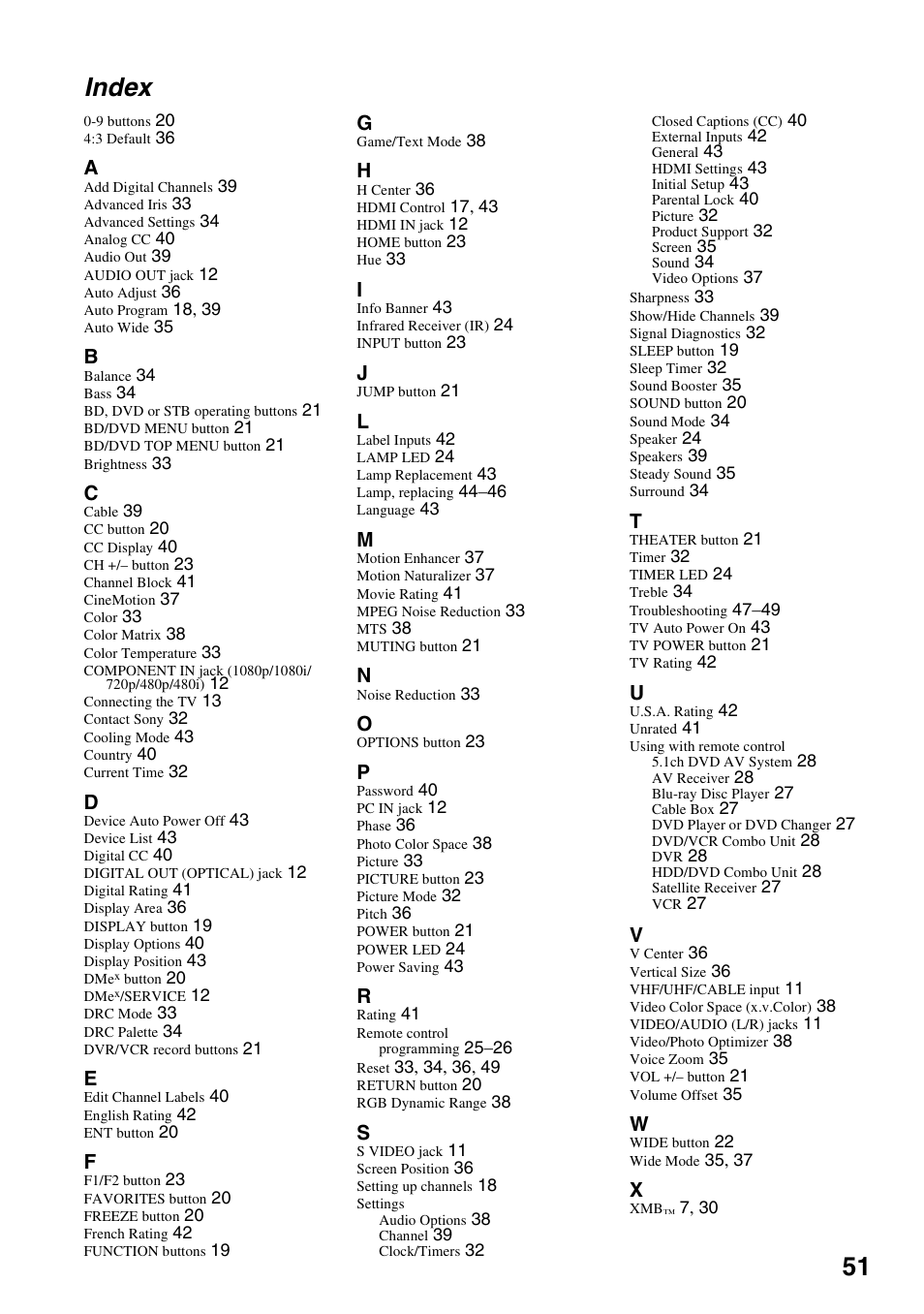 Index, 51 index | Sony Bravia KDS-55A3000 User Manual | Page 51 / 51