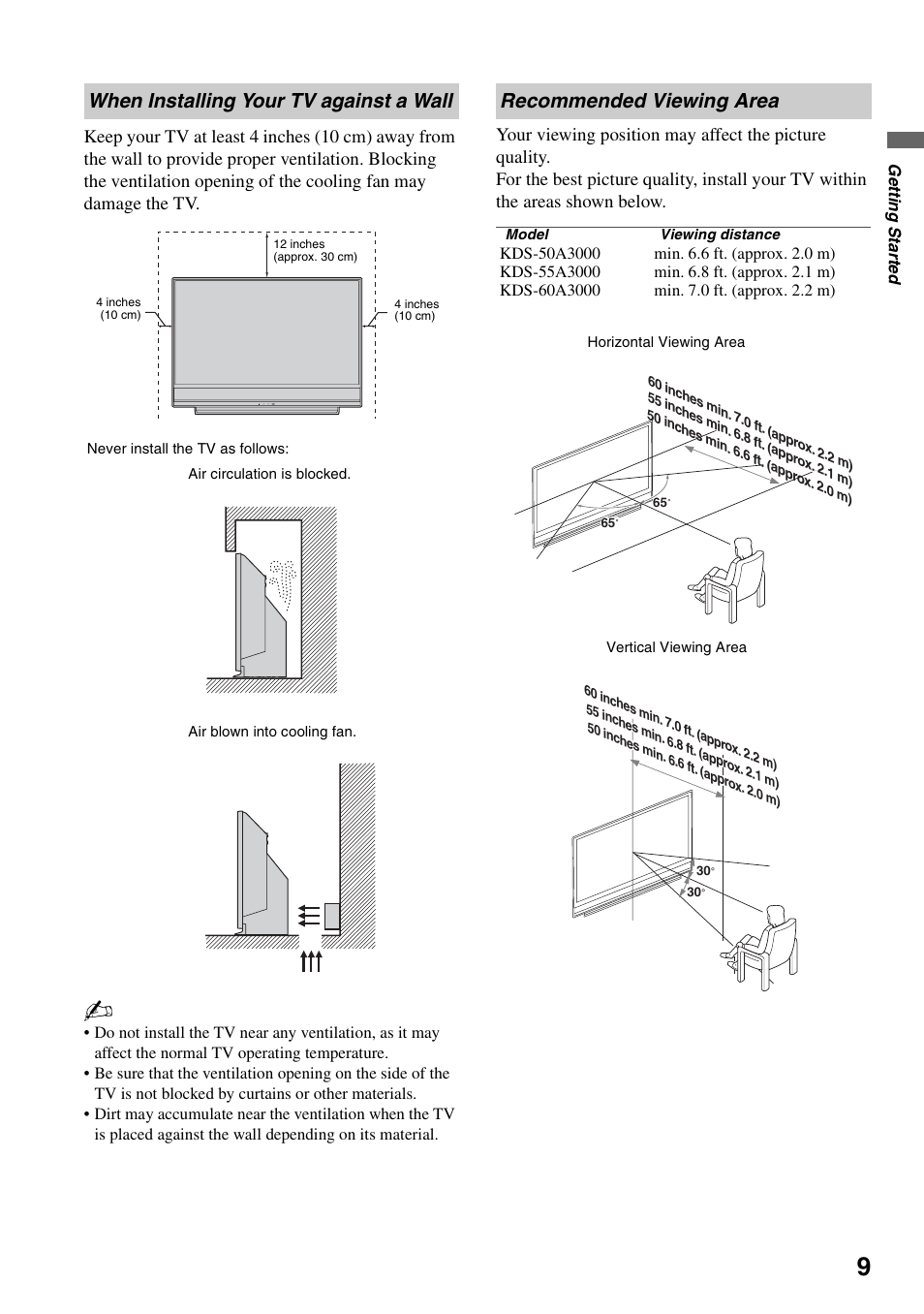 When installing your tv against a wall, Recommended viewing area | Sony Bravia KDS-55A3000 User Manual | Page 9 / 51