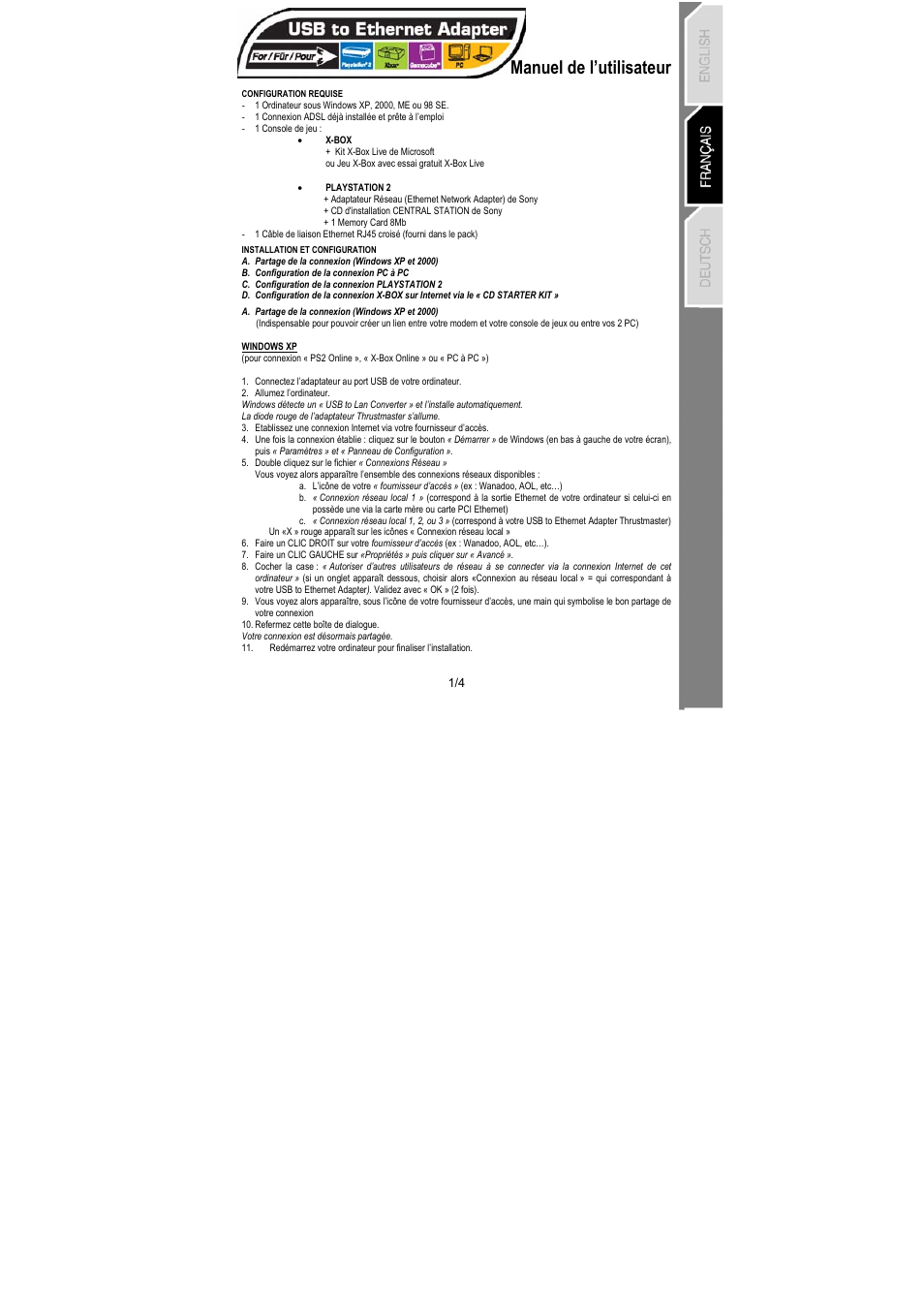 Français, Manuel de l’utilisateur | Sony Ethernet Network Adapter User Manual | Page 5 / 12