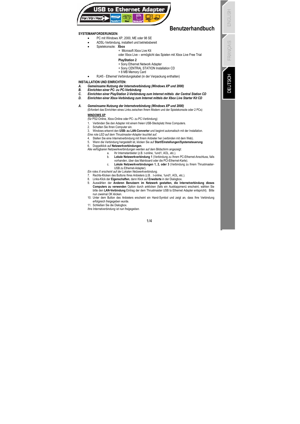 Deutsch, Benutzerhandbuch | Sony Ethernet Network Adapter User Manual | Page 9 / 12