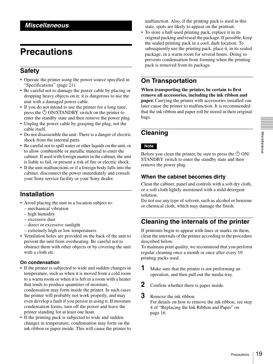 Miscellaneous, Precautions, Safety | Installation, On transportation, Cleaning, Cleaning the internals of the printer | Sony UP-DR80MD User Manual | Page 19 / 25