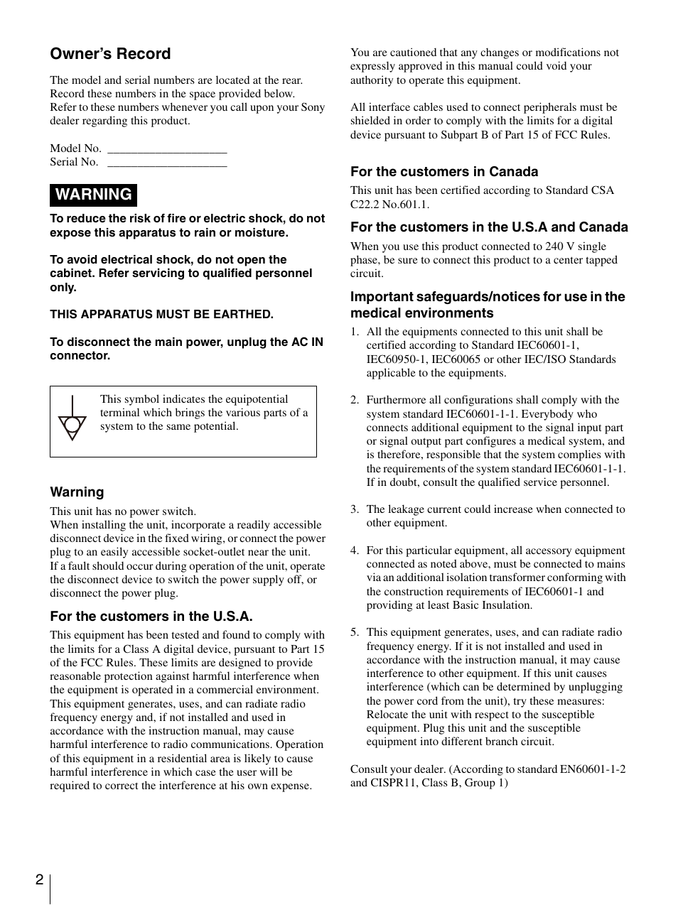 Owner’s record, Warning | Sony UP-DR80MD User Manual | Page 2 / 25