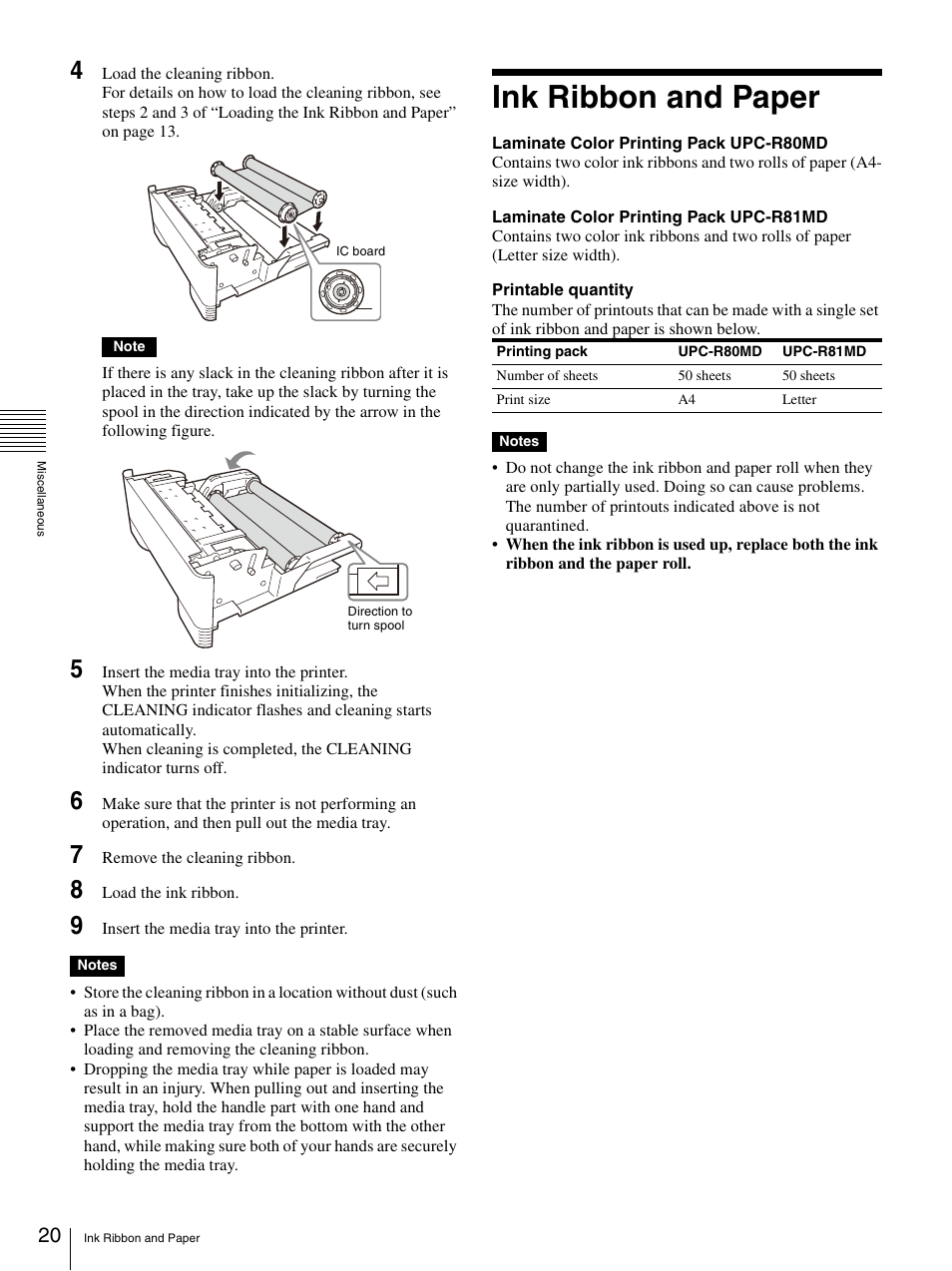 Ink ribbon and paper | Sony UP-DR80MD User Manual | Page 20 / 25