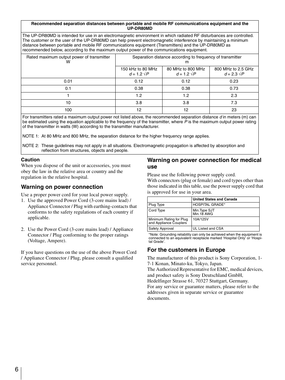 Warning on power connection, Warning on power connection for medical use, For the customers in europe | Sony UP-DR80MD User Manual | Page 6 / 25