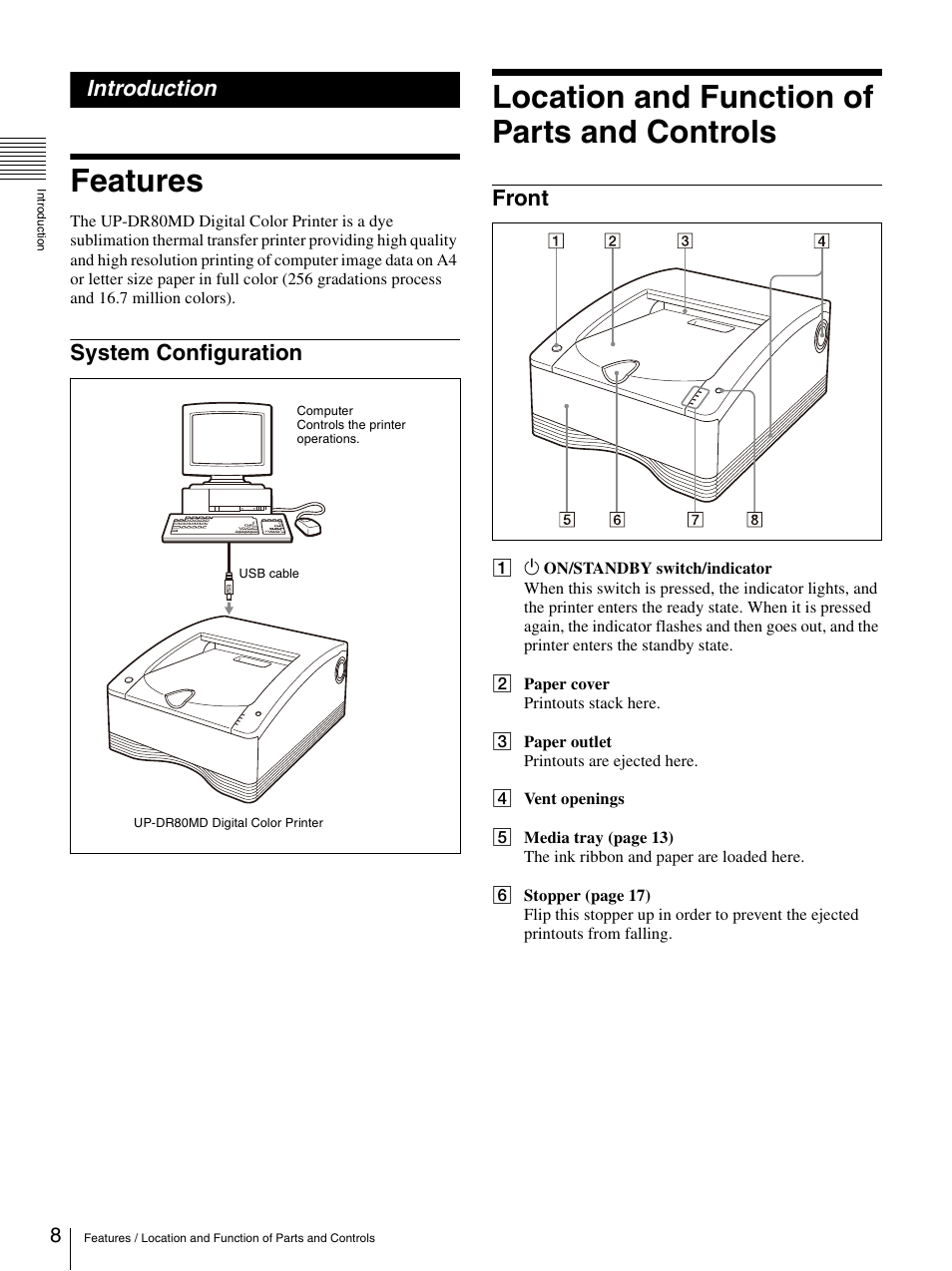 Introduction, Features, System configuration | Location and function of parts and controls, Front | Sony UP-DR80MD User Manual | Page 8 / 25