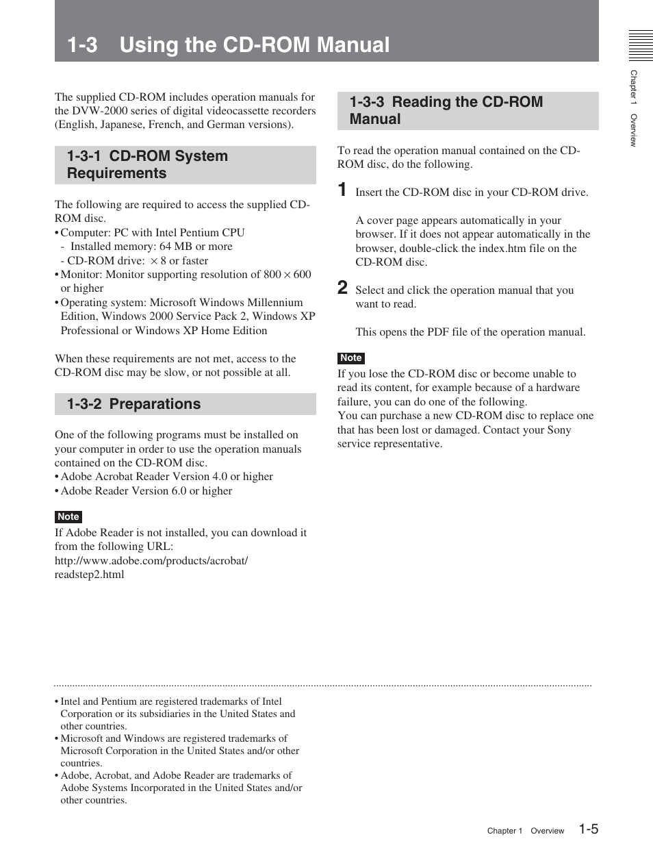 3 using the cd-rom manual, 3-1 cd-rom system requirements, 3-2 preparations | 3-3 reading the cd-rom manual | Sony DVW-2000 User Manual | Page 11 / 155