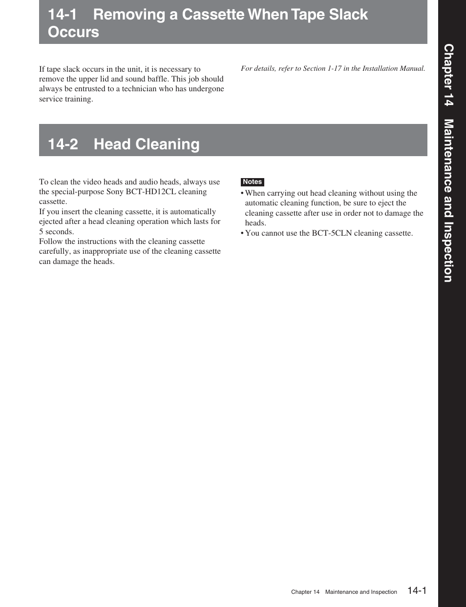 Chapter 14 maintenance and inspection, 1 removing a cassette when tape slack occurs, 2 head cleaning | Sony DVW-2000 User Manual | Page 140 / 155