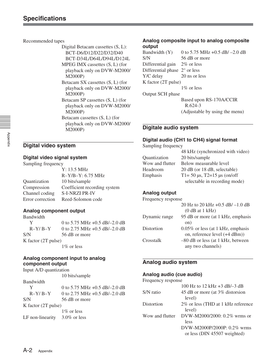 Specifications | Sony DVW-2000 User Manual | Page 147 / 155