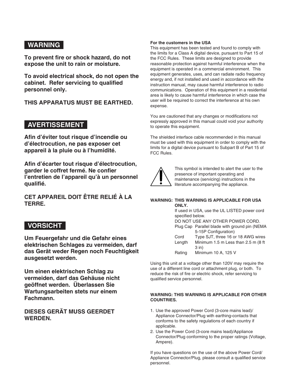 Warning, Avertissement, Vorsicht | Sony DVW-2000 User Manual | Page 2 / 155