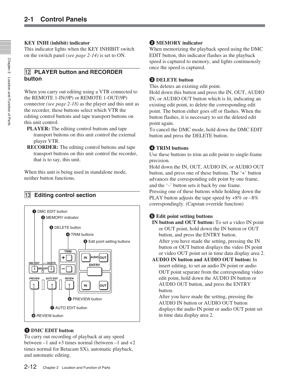 1 control panels, Qs player button and recorder button | Sony DVW-2000 User Manual | Page 23 / 155