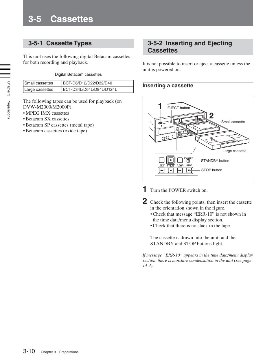 5 cassettes, 5-1 cassette types, 5-2 inserting and ejecting cassettes | Sony DVW-2000 User Manual | Page 39 / 155