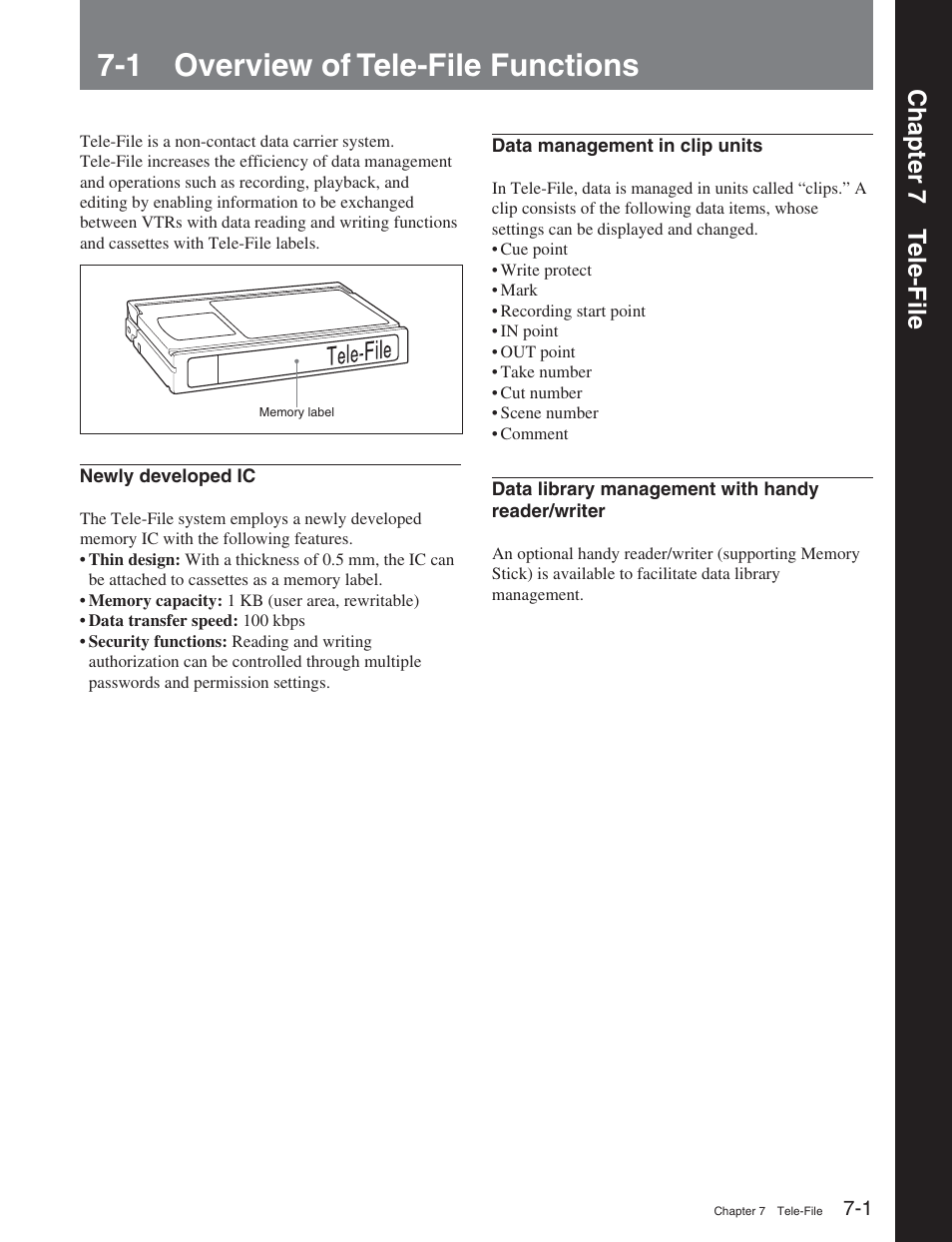 Chapter 7 tele-file, 1 overview of tele-file functions, Chapter 7 t ele-file | Sony DVW-2000 User Manual | Page 79 / 155